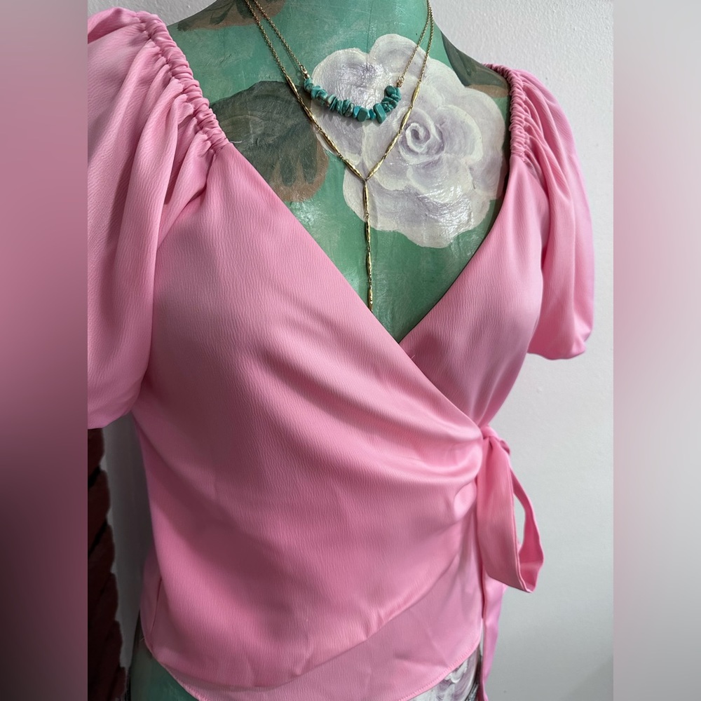 WAYF Tie Waist wrap blouse, pink, size XS - Picture 2 of 7